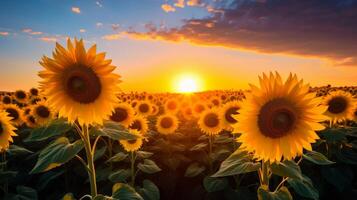 ai generiert das golden Licht auf ein Feld von Sonnenblumen foto