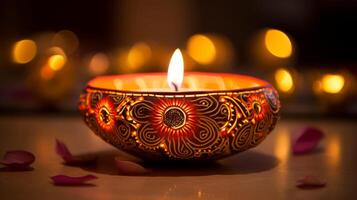 ai generiert Diwali Diya geschmückt mit kompliziert Henna Muster foto