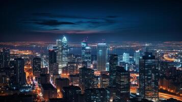 ai generiert das blendend Beleuchtung von ein Stadtbild nach dunkel foto