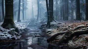 ai generiert ein Wald Landschaft verwandeln mit das Ankunft von Winter Schnee foto