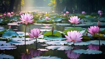 ai generiert ein Lotus Teich mit heiter Reflexionen foto