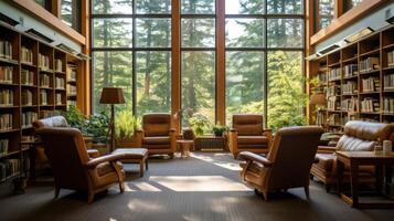 ai generiert ein Bibliothek Innere mit groß Fenster und lesen Stühle foto