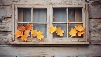 ai generiert Blätter auf ein Jahrgang hölzern Fenster Rahmen foto