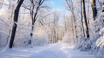 ai generiert ein Schnee bedeckt Pfad im das Wald foto