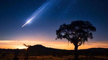 ai generiert ein uap beleuchtet durch das kosmisch Phänomen von ein Meteor Dusche foto