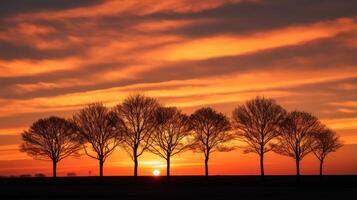 ai generiert silhouettiert Bäume gegen das Hintergrund von ein atemberaubend Sonnenuntergang Himmel foto