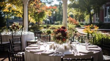 ai generiert Hochzeit Rezeption Tagungsort mit ein Garten Aussicht foto