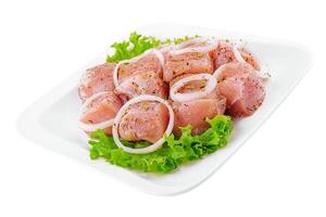 roh Schweinefleisch Fleisch mit Zwiebeln und Gewürze zum Kochen Kebabs foto