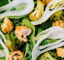 Salat mit Tintenfisch, Fenchel und gebacken Brokkoli foto