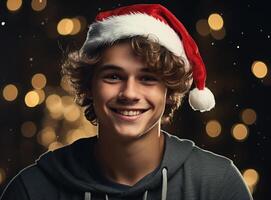 ai generiert Neu Jahr und Weihnachten Feier. Porträt von ein lächelnd gut aussehend jung Mann im ein rot Santa's Deckel im ein Luxus Weihnachten Zimmer. foto