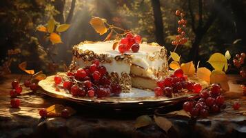 ai generiert Herbst Hintergrund mit Karotte Kuchen, Ahorn Blätter, Beeren und Eicheln. foto