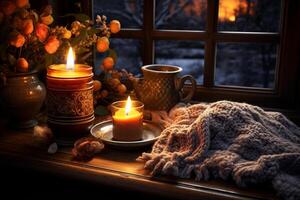 ai generiert Inhaber mit Verbrennung Kerzen, Tasse von Tee und Blumen auf Bett foto