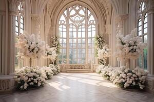 ai generiert schön Luxus elegant Innere Hochzeit Halle Dekoration zum ein romantisch Hochzeit Zeremonie im Hotel foto