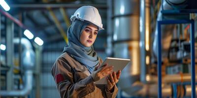 ai generiert ein weiblich bürgerlich Ingenieur, ein Muslim Frau im Hijab und ein schwer Hut, gekleidet im ein Uniform mit ein Tablette im ihr Hände. Porträt im das Fabrik Innere. Bokeh im das Hintergrund. ai generiert. foto