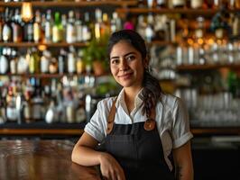 ai generiert stolz weiblich Barmann beim ihr Arbeitsplatz. ein jung dunkelhaarig Latein amerikanisch Frau Stehen im Vorderseite von Bar, zuversichtlich Unternehmer, Geschäft Eigentümer. Bokeh Wirkung. ai generiert. foto