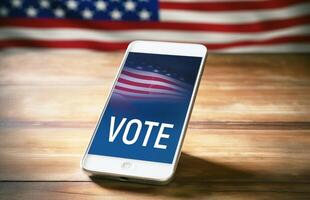 ai generiert 2024 Präsidentschaftswahl Wahl angezeigt auf ein Smartphone Bildschirm. Bokeh im das Hintergrund. ai generiert. foto