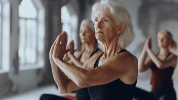 ai generiert älter Frauen trainieren Yoga, meditieren im Yoga Klassen und führen ein aktiv und gesund Lebensstil. Pensionierung Hobbys und Freizeit Aktivitäten zum das Alten. Bokeh im das Hintergrund. foto