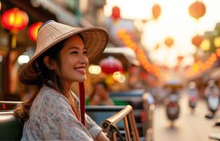 ai generiert ein glücklich jung asiatisch Tourist genießt ein Ausflug um ein asiatisch Stadt im ein öffnen Bus, ein Tuk Tuk. Bokeh im das Hintergrund. ai generiert. foto