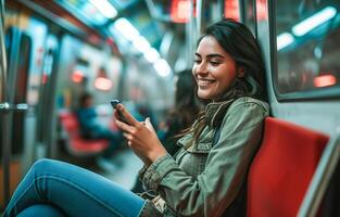 ai generiert ein schön Latein amerikanisch Frau im das U-Bahn. Porträt von ein jung Frau Sitzung im ein Metro U-Bahn Wagen suchen beim ihr Smartphone, Nahansicht. Bokeh im Hintergrund. ai generiert. foto