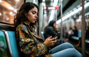 ai generiert ein schön Latein amerikanisch Frau im das U-Bahn. Porträt von ein jung Frau Sitzung im ein Metro U-Bahn Wagen suchen beim ihr Smartphone, Nahansicht. Bokeh im Hintergrund. ai generiert. foto