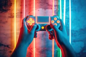 ai generiert Weiß Joystick im Neon- Beleuchtung foto