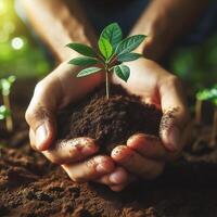 ai generiert Nahansicht Mensch Hände halten jung Grün Baum sprießen wachsend von Boden. Erde Planet Schutz Konzept Tag foto
