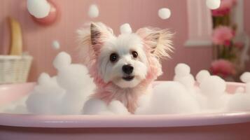 ai generiert süß maltesisch Hund nehmen ein Bad im ein Rosa Badewanne foto