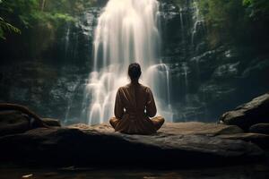 ai generiert konzentriert Person Meditation Wasserfall. generieren ai foto