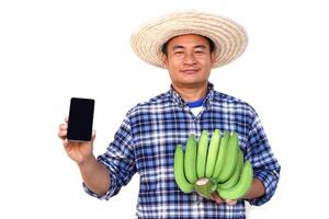 gut aussehend asiatisch Mann Bauer, trägt Hut, Blau Plaid Shirt, hält Smartphone und Grün Bananen, isoliert auf Weiß Hintergrund. Konzept, Landwirtschaft Beruf. thailändisch Farmer wächst organisch Bananen zum Verkauf foto