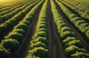 ai generiert Obstgärten, lange Reihen von Zitrone Bäume, Plantagen von Bäume zu das Horizont, Sonnenuntergang oder Dämmerung Licht, sonnig Tag, oben Aussicht foto