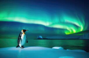 ai generiert Welt Pinguin Tag, ein einsam Erwachsene Pinguin auf ein Eis Scholle, ein Eisberg im das Ozean, das Königreich von Eis und Schnee, das Nord Beleuchtung, das weit Norden foto