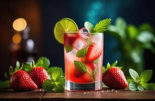 ai generiert Erdbeere Mojito alkoholisch Cocktail, Sommer- Cocktail mit Beeren, Limette und Minze, Sanft trinken mit Eis, International Kneipier Tag, hell Hintergrund, hölzern Tabelle foto