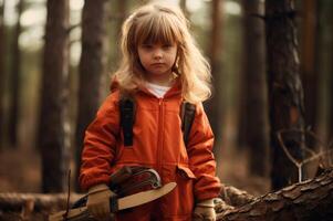 ai generiert naturliebend Holzfäller Kind Mädchen Wald. generieren ai foto