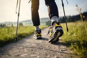 ai generiert sportlich Mann üben nordisch Gehen mit Stangen draussen. generieren ai foto