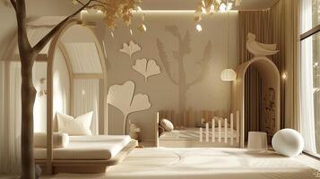 ai generiert ein Villa Kinder- Zimmer Design einarbeiten Ginkgo Blatt Motive wie ein spielerisch Design Element, mit Licht Töne Das hervorrufen ein Sinn von Gelassenheit und Wärme. foto