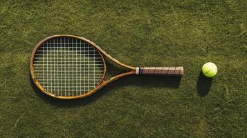 ai generiert ein hölzern Tennis Schläger und Ball platziert auf ein Gras Tennis Gericht, hingerichtet im ein minimalistisch Stil, Erfassen das Wesen von das Sport mit Einfachheit und Eleganz. foto