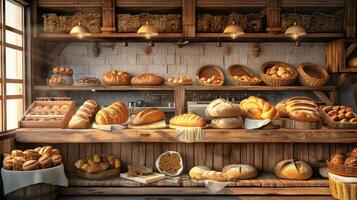 ai generiert ein urig Bäckerei, wo handwerklich Brot Sorten sind kunstvoll vereinbart worden auf ein rustikal hölzern Schalter, verlockend Passanten mit ihr köstlich Aroma. foto