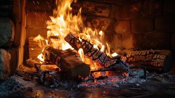 ai generiert ein Winter Abend mit ein Foto von ein Geknister Feuer beginnend im das Feuerstelle, Gießen ein Sanft glühen und einladend Ambiente in das heim.