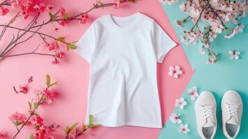 ai generiert ein Weiß T-Shirt Attrappe, Lehrmodell, Simulation mit ein leer Hemd Vorlage, geschmückt mit beschwingt Frühling Zubehör gegen ein Sanft Pastell- Hintergrund, perfekt zum vermitteln ein frisch und saisonal Stil. foto