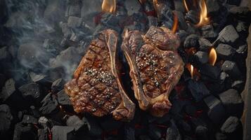 ai generiert Rindfleisch T-Bone Steaks Grillen Über heiß Grill Kohlen, mit Porterhouse Steak oder T-Bone Steak Sorten, ideal zum Restaurant Menüs oder Kochbuch Rezepte foto