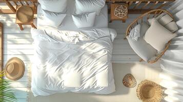ai generiert leer Weiß Bettdecke Startseite im ein Küstenstil Schlafzimmer Einstellung, gefangen von ein oben Aussicht Perspektive, hell Farben zu hervorrufen ein Sinn von luftig Entspannung und Strand Ruhe. foto