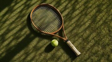 ai generiert ein hölzern Tennis Schläger und Ball platziert auf ein Gras Tennis Gericht, hingerichtet im ein minimalistisch Stil, Erfassen das Wesen von das Sport mit Einfachheit und Eleganz. foto