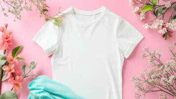 ai generiert ein Weiß T-Shirt Attrappe, Lehrmodell, Simulation mit ein leer Hemd Vorlage, geschmückt mit beschwingt Frühling Zubehör gegen ein Sanft Pastell- Hintergrund, perfekt zum vermitteln ein frisch und saisonal Stil. foto