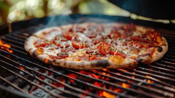 ai generiert ein glatt Webber Grill brutzelt mit das Aroma von Pizza Sein fachmännisch gekocht im ein malerisch Park Einstellung, hervorrufen das Ambiente von draussen kulinarisch Freude und Kameradschaft. foto