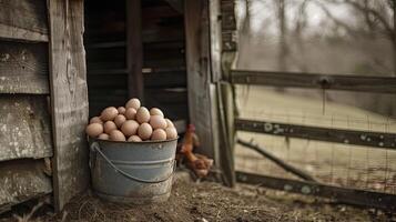 ai generiert ein robust Eimer randvoll mit frisch gesammelt Eier, eingebettet neben das Streikposten Zaun von ein rustikal Hähnchen Koop, Inbegriff das Charme von Land Leben. foto