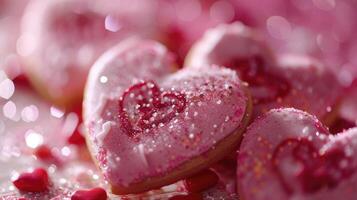 ai generiert zart dekoriert Süßigkeiten, herzförmig Kekse geschmückt mit Rosa und rot Glasur, und bestreut mit essbar funkeln, hervorrufen ein Sinn von Romantik und Genuss. foto