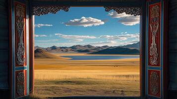 ai generiert mongolisch Landschaften durch ein Rahmen innerhalb ein Rahmen Komposition, wo das Silhouette von ein Jurte Tor Frames ein entfernt Aussicht von Wiesen, ein See, und majestätisch Berge. foto