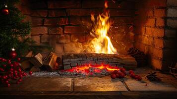 ai generiert ein Winter Abend mit ein Foto von ein Geknister Feuer beginnend im das Feuerstelle, Gießen ein Sanft glühen und einladend Ambiente in das heim.