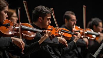 ai generiert ein Violine begleitet durch es ist Bogen und Blatt Musik, elegant bereit auf ein schwarz Hintergrund, mit sauber Linien und natürlich Schatten verbessern es ist ultradetailliert Handwerkskunst. foto