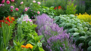 ai generiert ein Garten geschmückt mit angehoben Betten, wo üppig Grün gedeiht neben bunt blüht von ein Rose Garten und das beruhigend Aroma von Lavendel, Erstellen ein malerisch Oase von Schönheit. foto